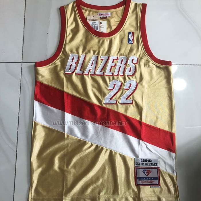 Camiseta Clyde Drexler NO 22 Portland Trail Blazers Mitchell & Ness 1991-92 Oro